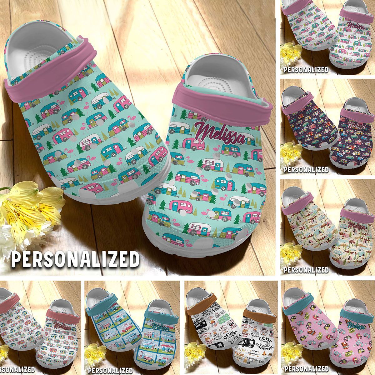 Camping Personalized Clog, Custom Name, Text Colorful Camper, Fashion Style For Women, Men, Kid, Print 3D