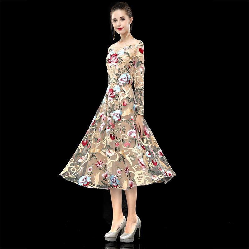 Women Spring Autumn Elegant Long Dresses Slim O-neck Flower Embroidery Long Sleeve Elastic Club Party Dresses Big Size Vestidos alx