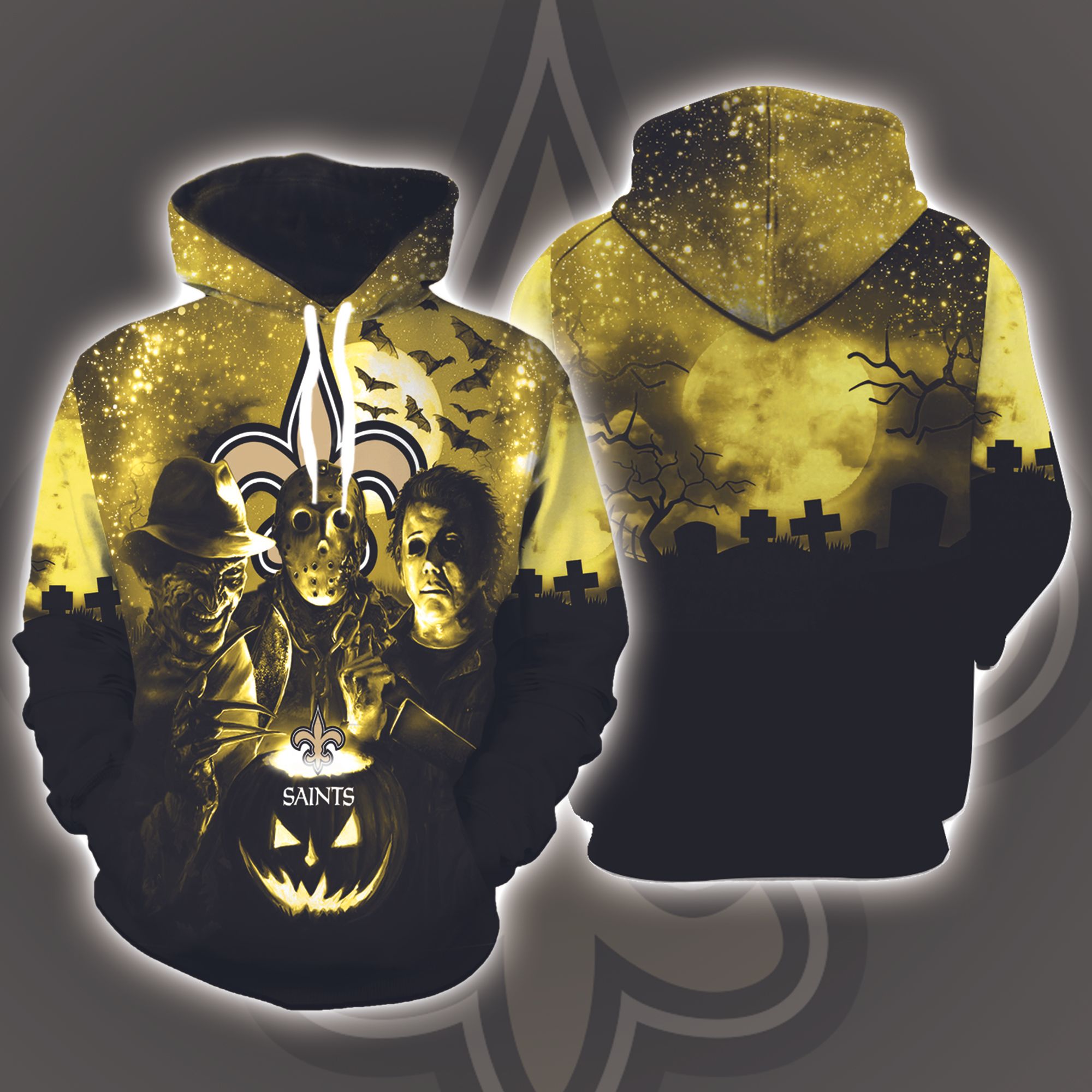 New Orleans Saints hHalloween and Michael Myers, Jason Voorhees, Freddy Krueger 3D Printed Hoodie