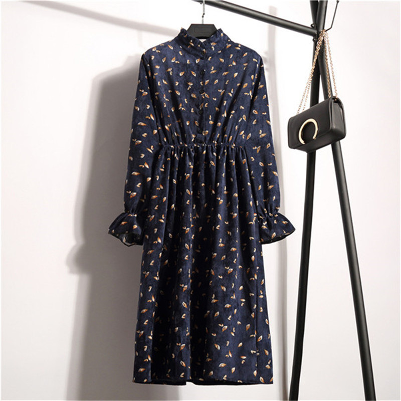 Autumn Winter Women Corduroy Dresses 2022 Vintage Long Sleeve High Elastic Waist Party Dress Casaul Floral Printed Dress Vestido alx