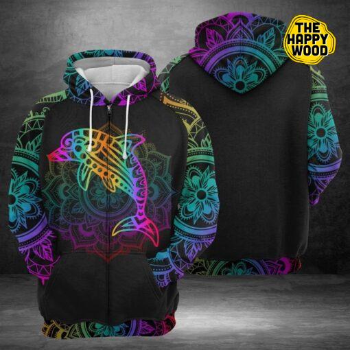 Dolphin All Over Print Zip Colorful Mandala Hoodie Sweatshirt