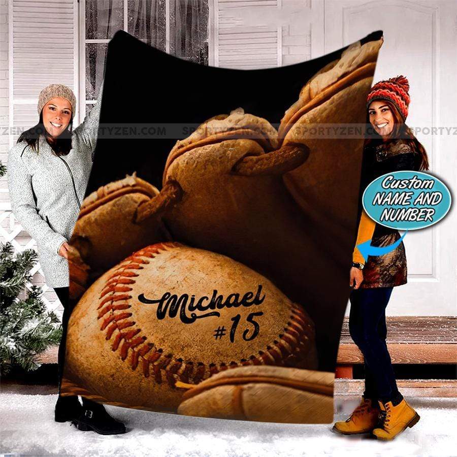 Baseball Ball In Glove Customized Name and Number Fleece Blanket #298v