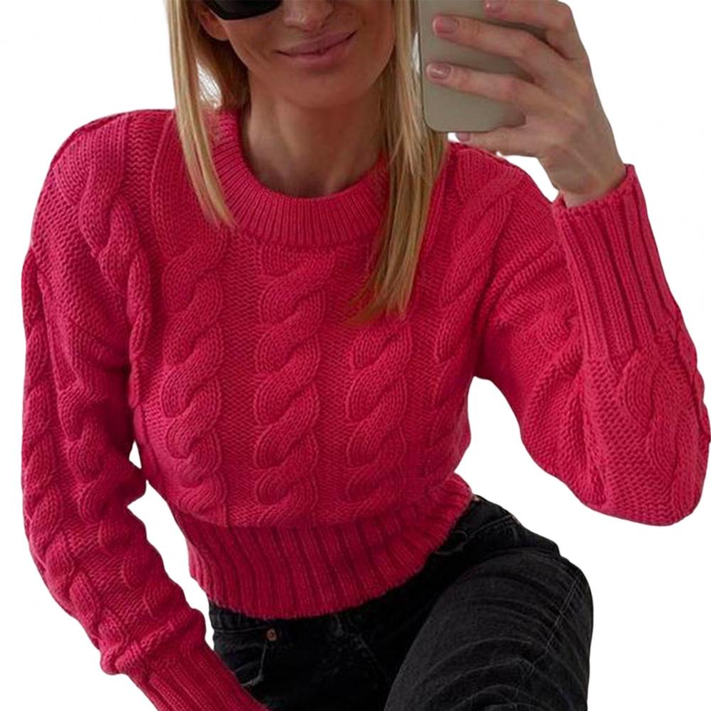 Cropped Twist Ribbed Trim Women Sweaters Autumn O-Neck Long Sleeves Winter Knitwear Solid Color Knitted Sweater свитер женский alx