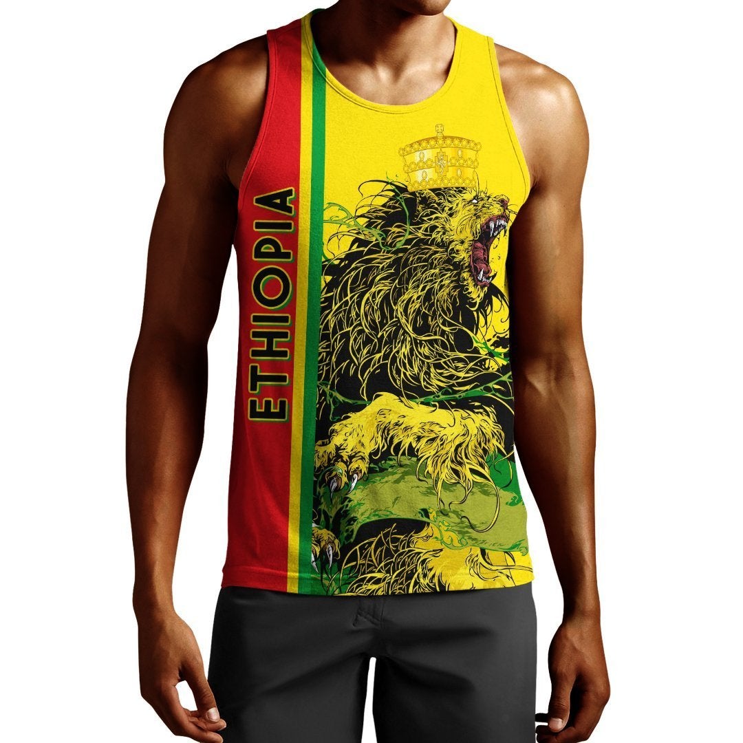 African Tank Top – Ethiopia Men’S Tank Top Quarter Style Lion Crown Red Yellow