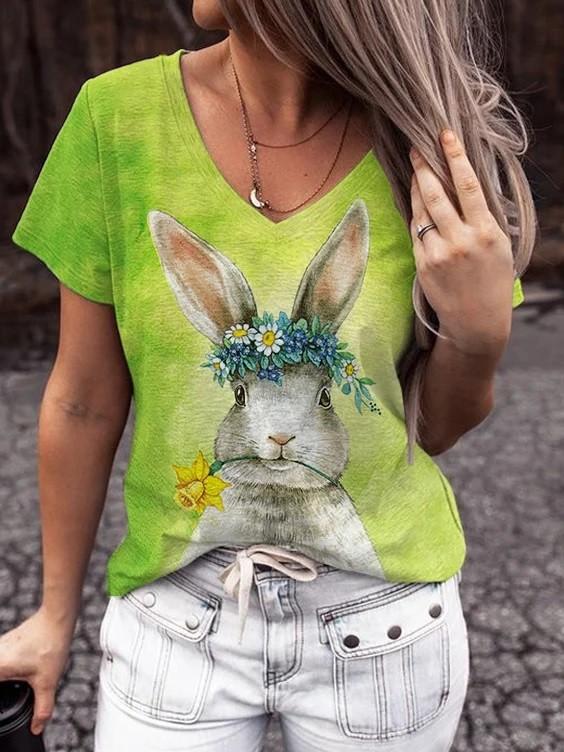 Women’S Floral Bunny Print Casual V-Neck Tee