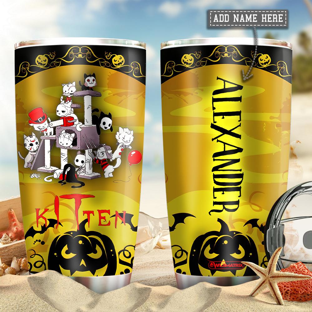 Personalized Halloween Kitten Cats Stainless Steel Tumbler Travel Customize Name, Text, Number, Image Cup