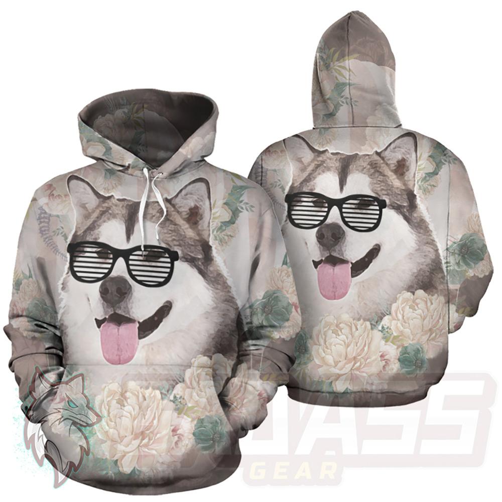 Glasses Husky Flowers HUK-0006 Hoodie Allover