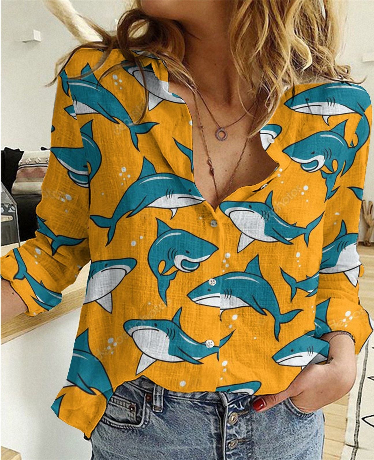 Shark Fish Cotton And Linen Casual Shirt For Men and Women, Unisex