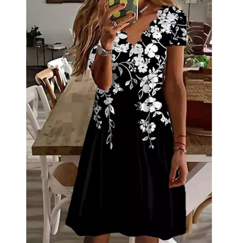 Women’s Summer Casual Loose Print Fashion New Elegant V-Neck Short Sleeve Dress alx