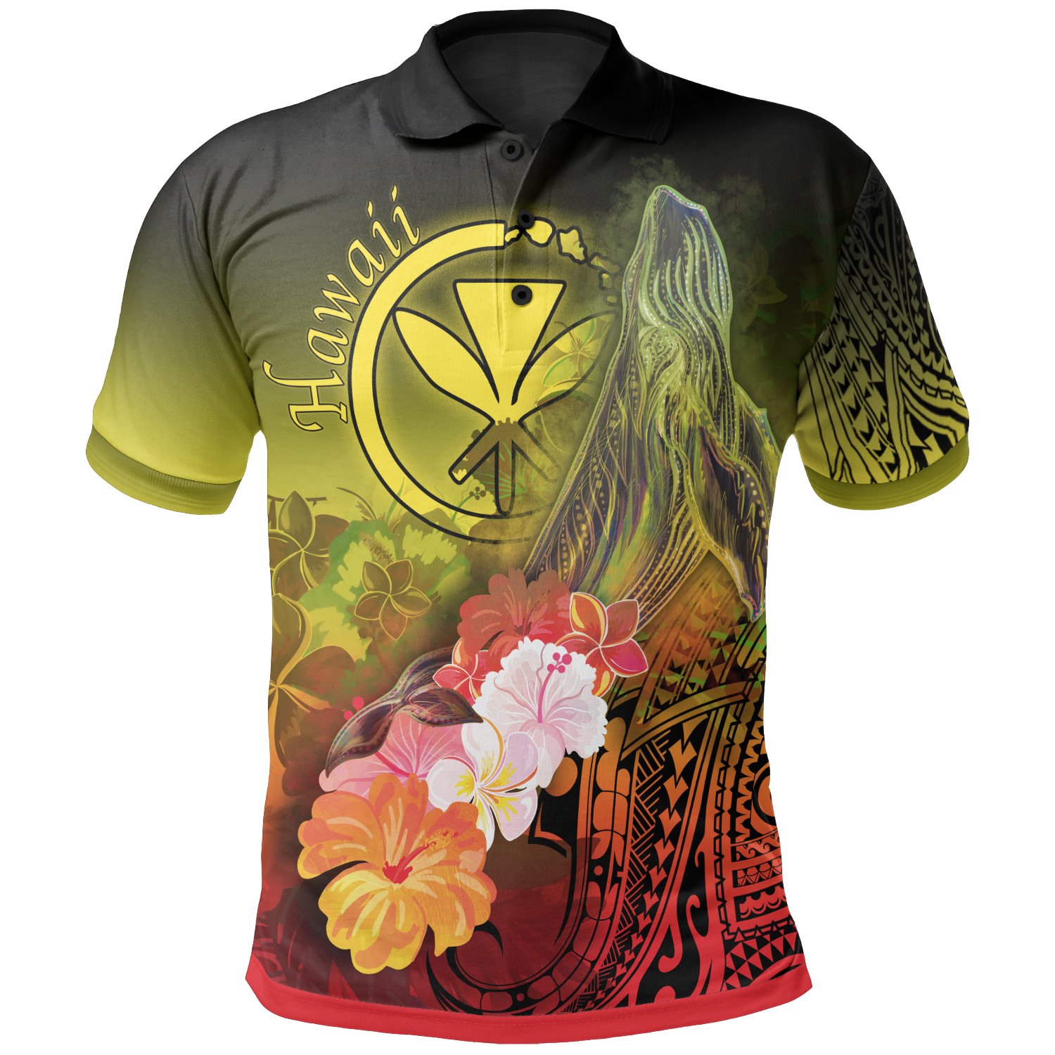 Polynesian Hawaii Polo Shirts – Kanaka Maoli Humpback Whale with Tropical Flowers (Yellow)- BN18