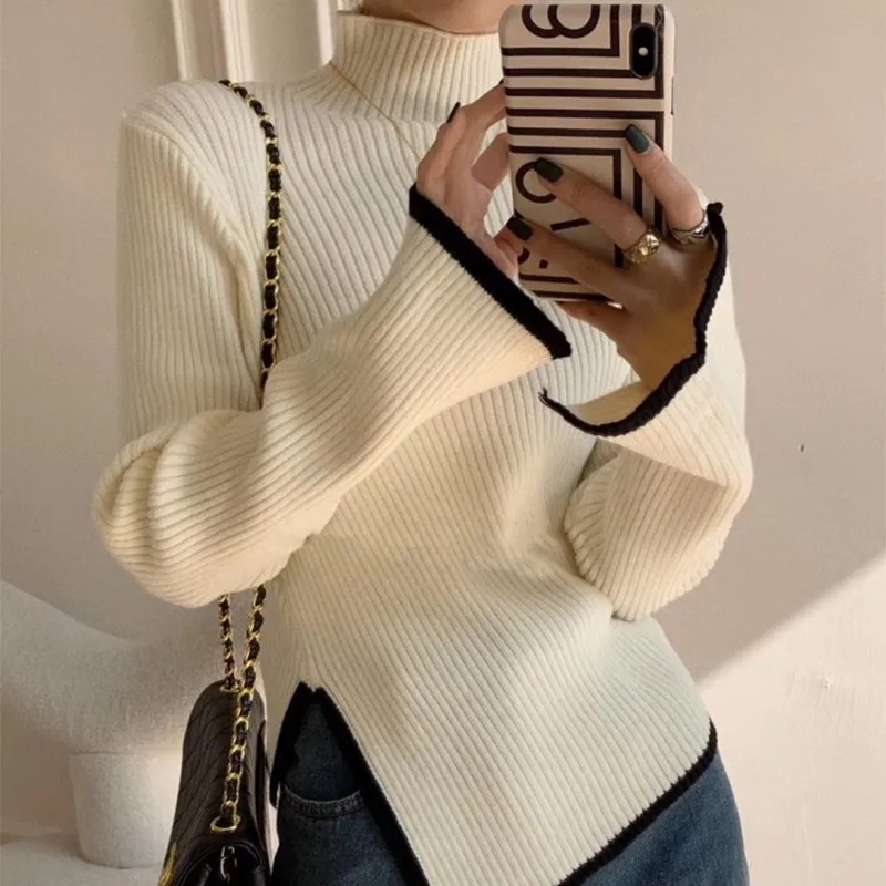 Autumn Women Sweaters Flare Sleeve Half High Collar Pullovers Irregular Knitted Sweater Casual Female Clothes Korean Split Tops alx