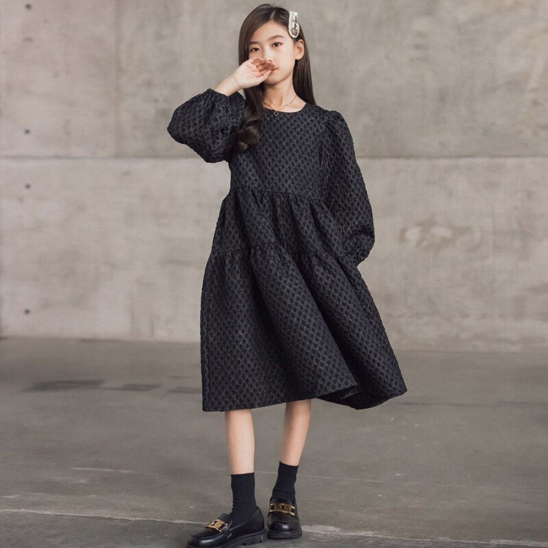 6 To 16 Years Black Girls Autumn Winter Dress 2021 New Lantern Sleeve Midi Kid Dress Jacquard Fabric Children Clothing alx