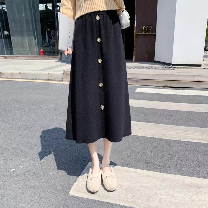 Autumn Winter Casual Soft Solid Fashion For Women’s Dress Knitted Sweater Long Skirt Slim Warm Grace Temperament Button Office alx