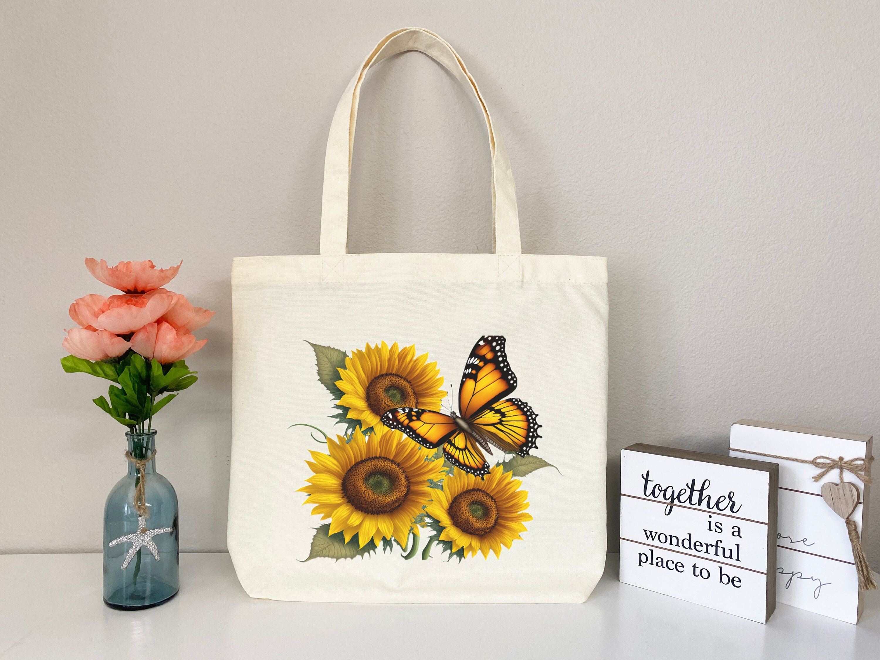 Sunflower Tote Bag, flower tote bag, tote bag canvas, eco friendly bag,aesthetic tote,butterfly bag, floral tote bag,plant lover, flower bag