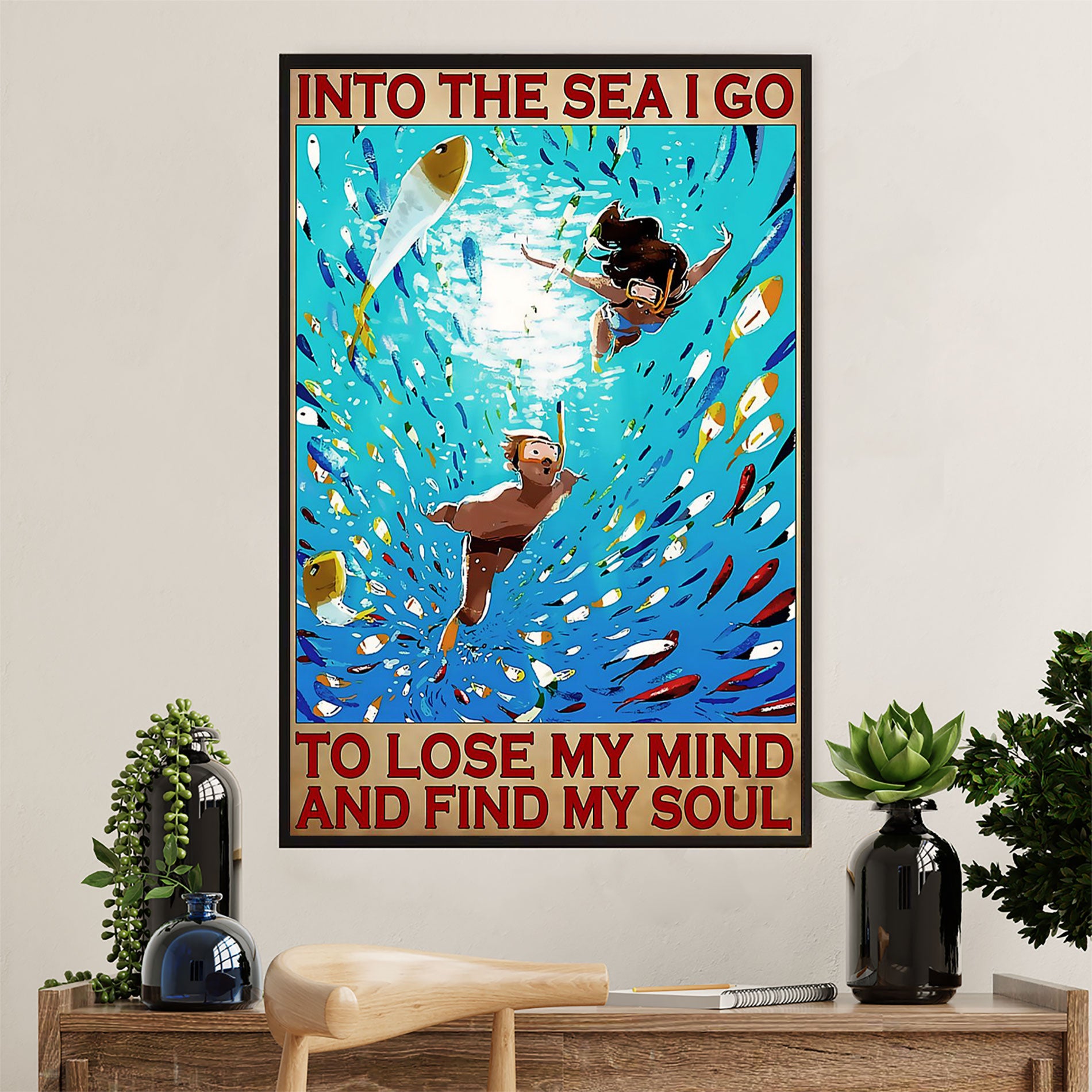 Scuba Diving Poster Prints | Couple Into The Sea | Wall Art Gift For Scuba Diver
