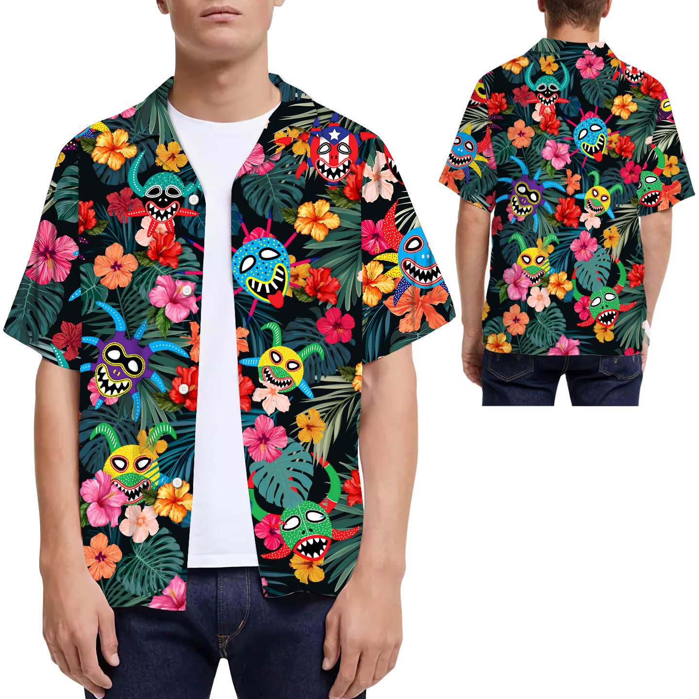 Puerto Rico Vejigantes Masks Tropical Flowers Men Hawaii Shirt Ha55995