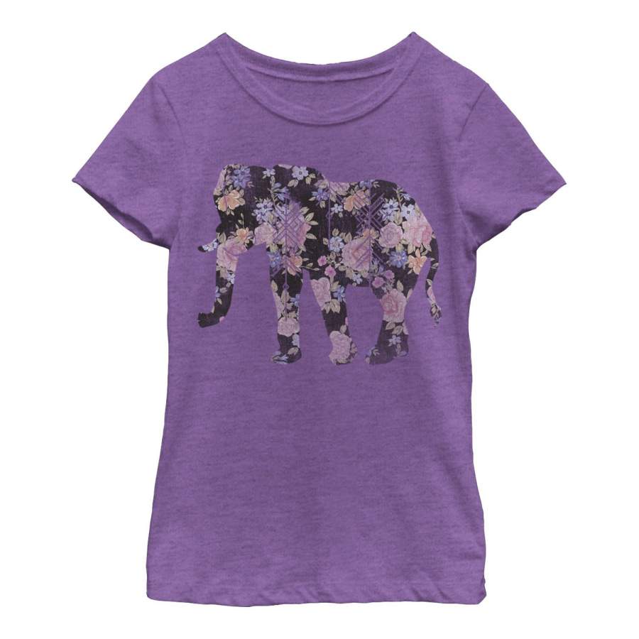 Lost Gods Girl’s Floral Elephant Print  T Shirt Purple Berry