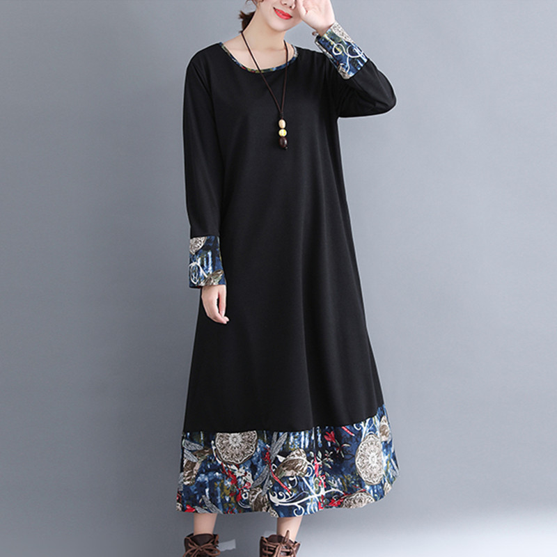 2022 New Fashion Patchwork Long Sleeve Autumn Dress Soft Cotton Linen Patchwork Print Loose Women Casual Midi Spring Dress alx