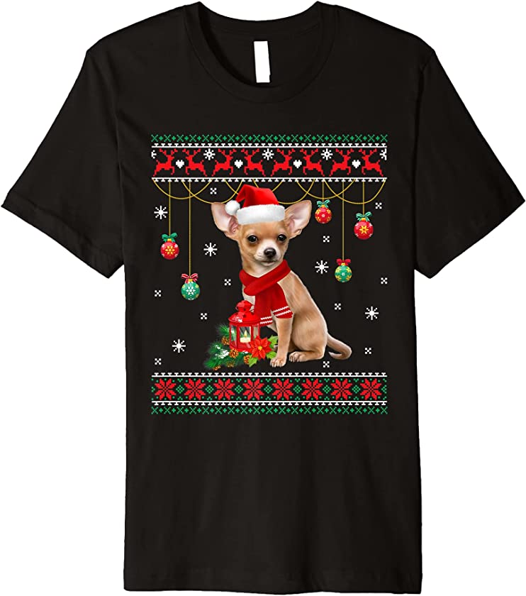 Chihuahua Dog Lights Ugly Sweater Puppy Santa Hat Christmas Premium T-Shirt