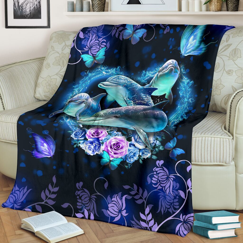 Dolphins Swimming Beside Butterflies Heart Shape Sherpa Fleece Blanket Great Customized Blanket Gifts For Birthday Christmas Thanksgiving