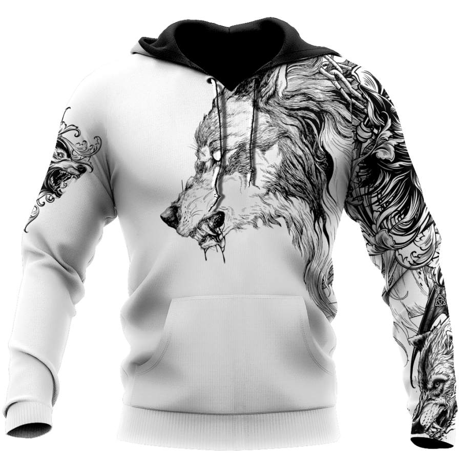 Wolf Tattoo 3D Over Printed Unisex Hoodie-ML