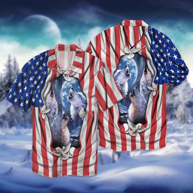 American Flag Wolfie 3D Full Print Hawaiian Shirt