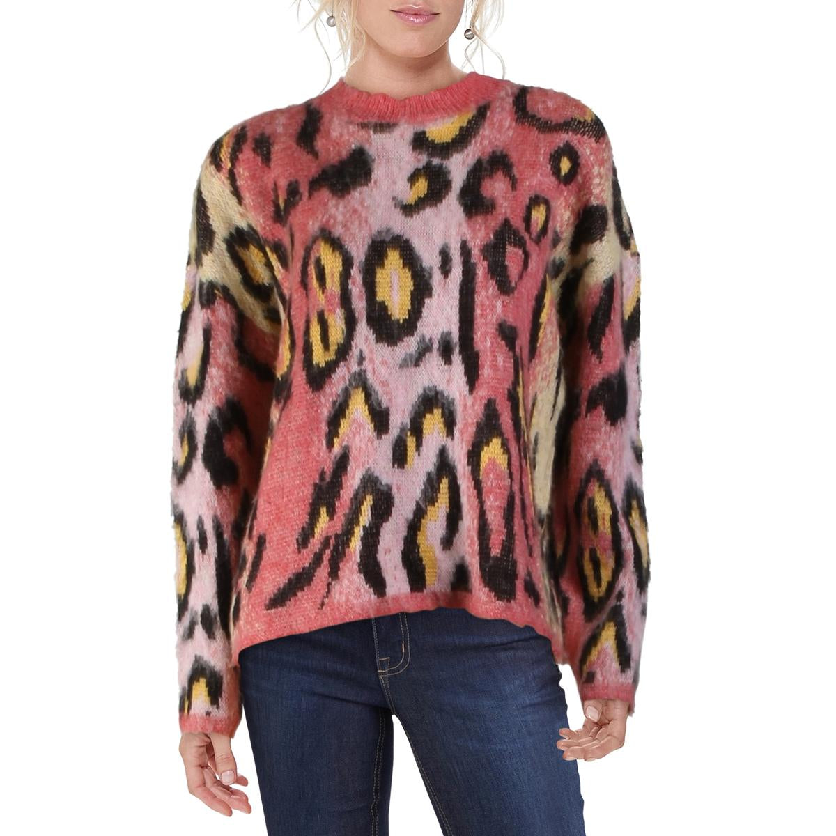 Womens Wool Blend Animal Print Crewneck Sweater