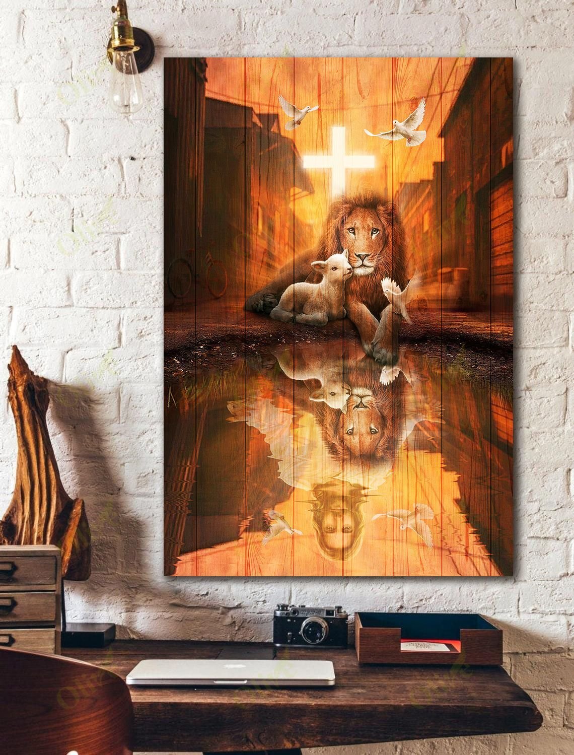 The Lion And The Lamp Of God Cross Poster Canvas Home Decor Gifts For Mother Day Grandma