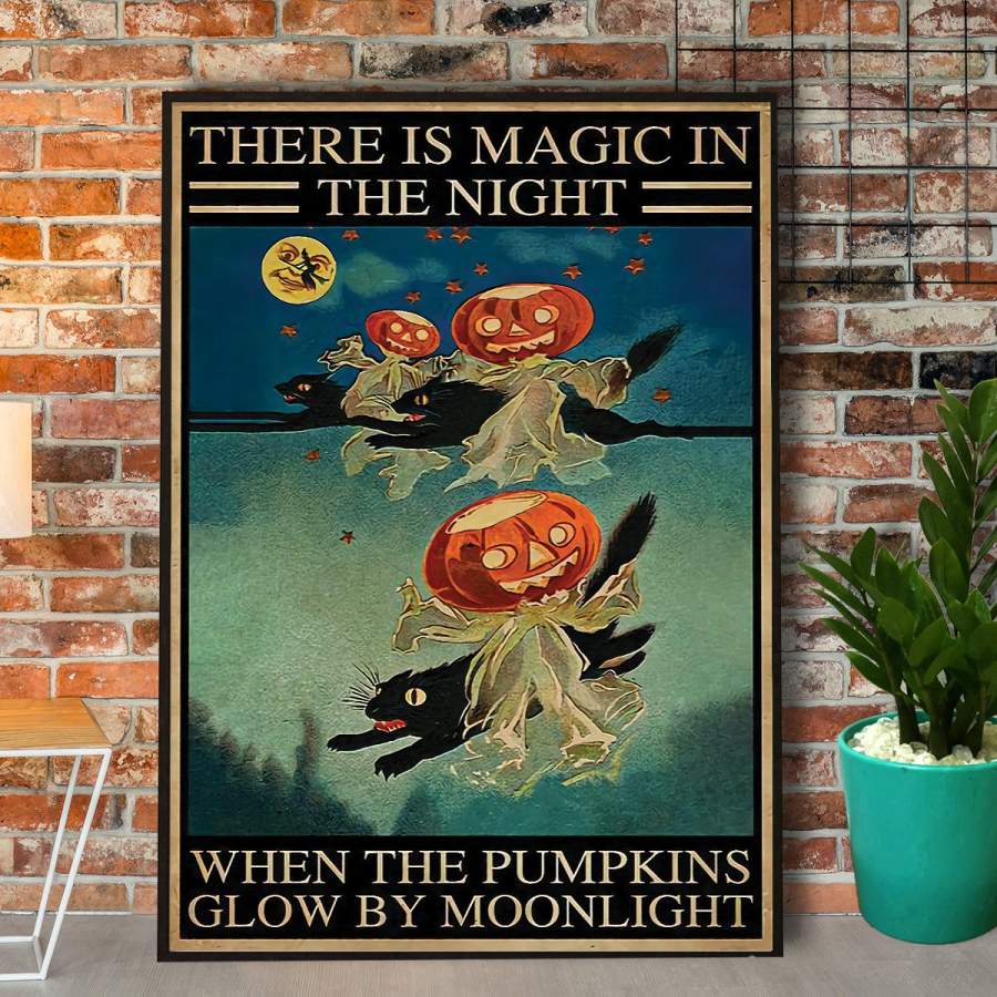 Black cat there is magic in the night halloween paper poster no frame/ wrapped canvas wall decor full size