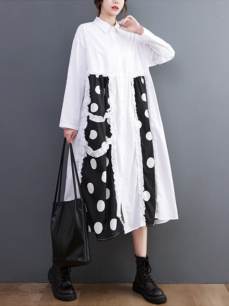 2022 New Spring Autumn Black Vintage Polka Dot Patchwork Dresses For Women Long Sleeve Loose Casual Shirt Dress Elegant Clothing alx