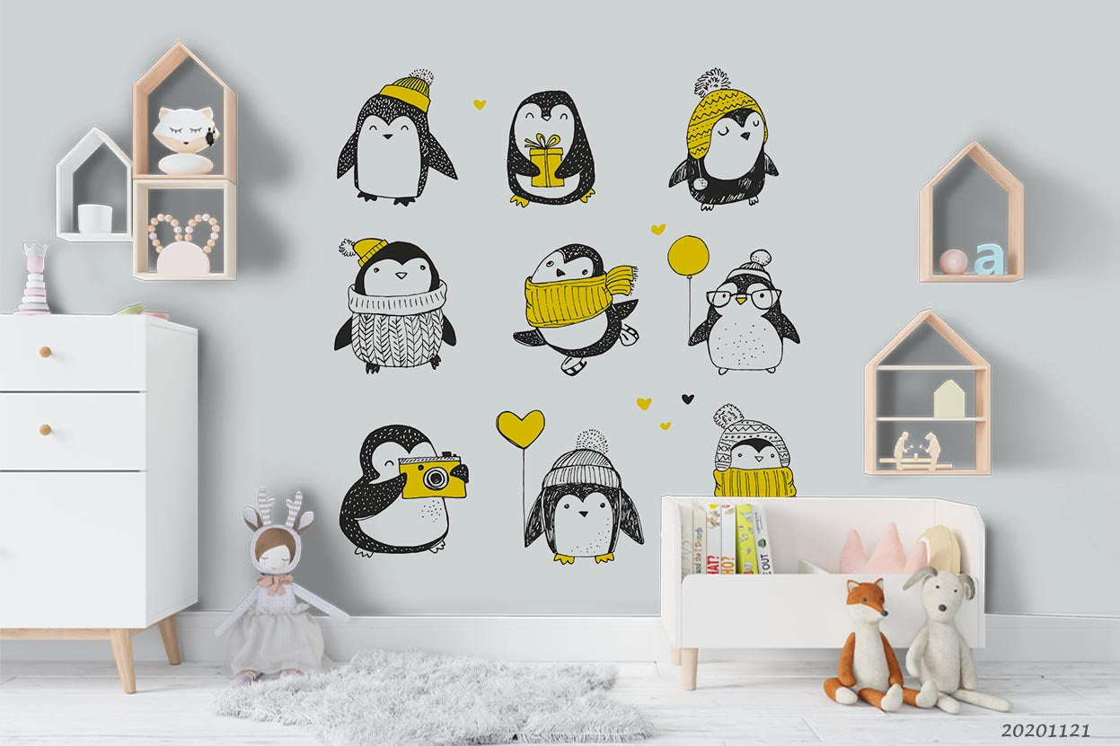 3D Cartoon Hand Drawn Penguin Animal Yellow Wall Mural Wallpaper Lxl