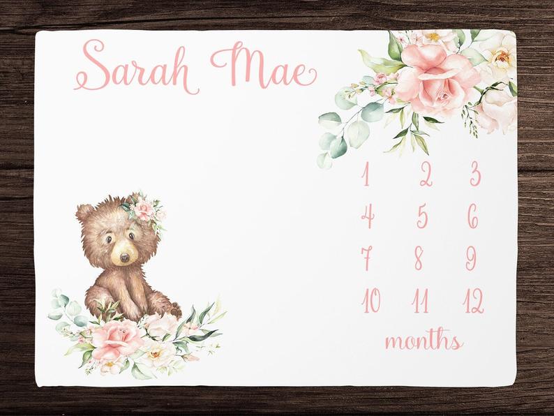 Baby Girl Milestone Blanket, Floral Bear Baby Blanket, Personalized Baby Girl Blanket , Woodland Animals Baby Shower Gift