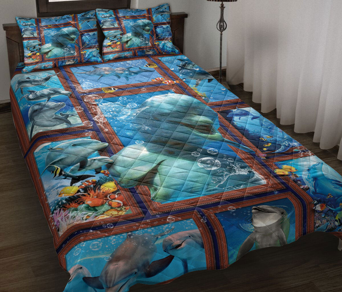 Dolphin Quilt Set, Beautiful Dolphin Undersea Ocean Quilt Blanket With Pillowcases, Quilt Bedding Set