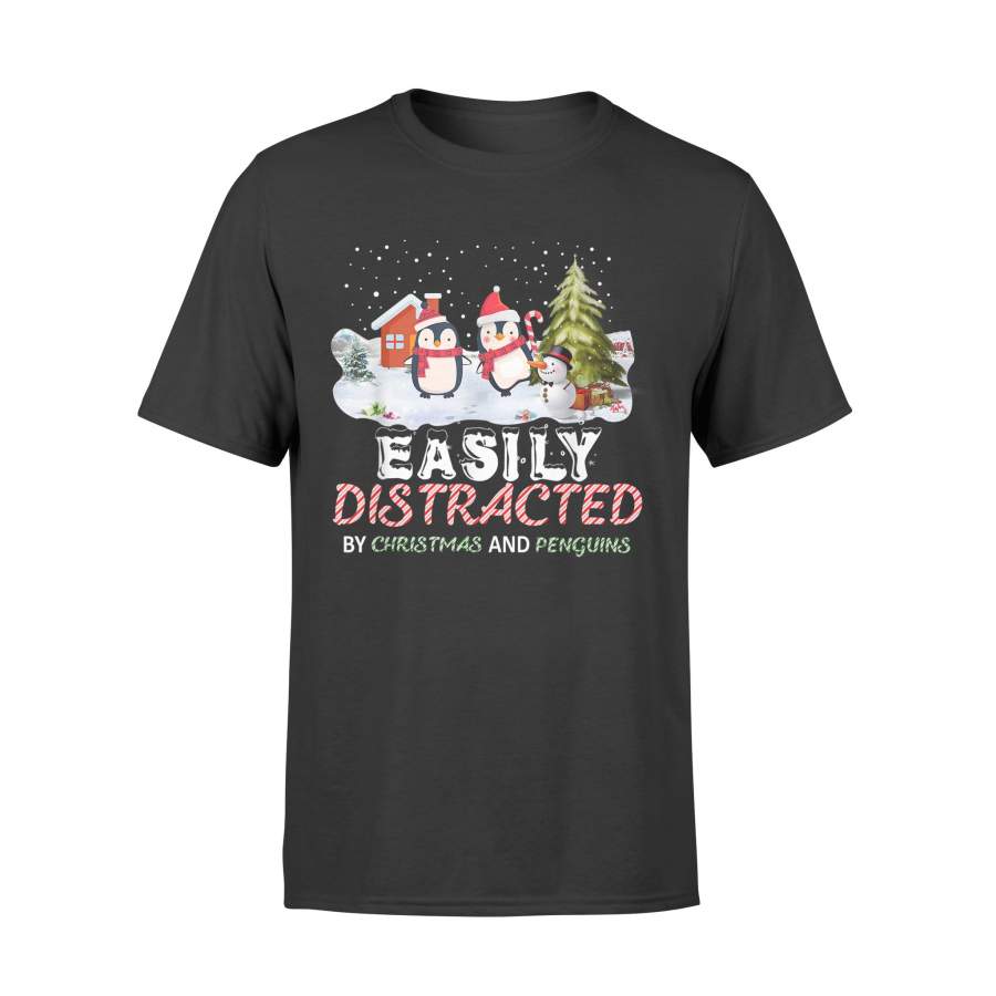 Easily Distracted By Christmas and Penguins Funny Xmas Gift T-Shirt – Standard T-shirt