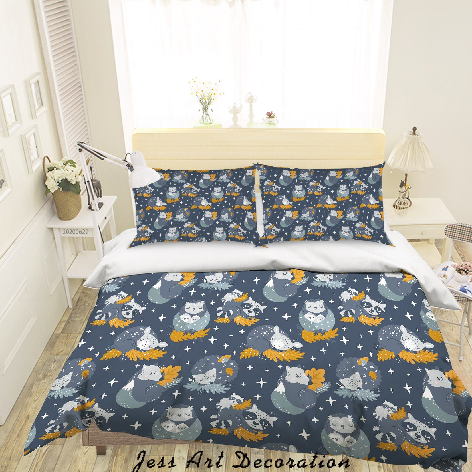 3D Blue Animal Deer Fox Tanuki Stars Quilt Cover Set Bedding Set Duvet Cover Pillowcases Sf01