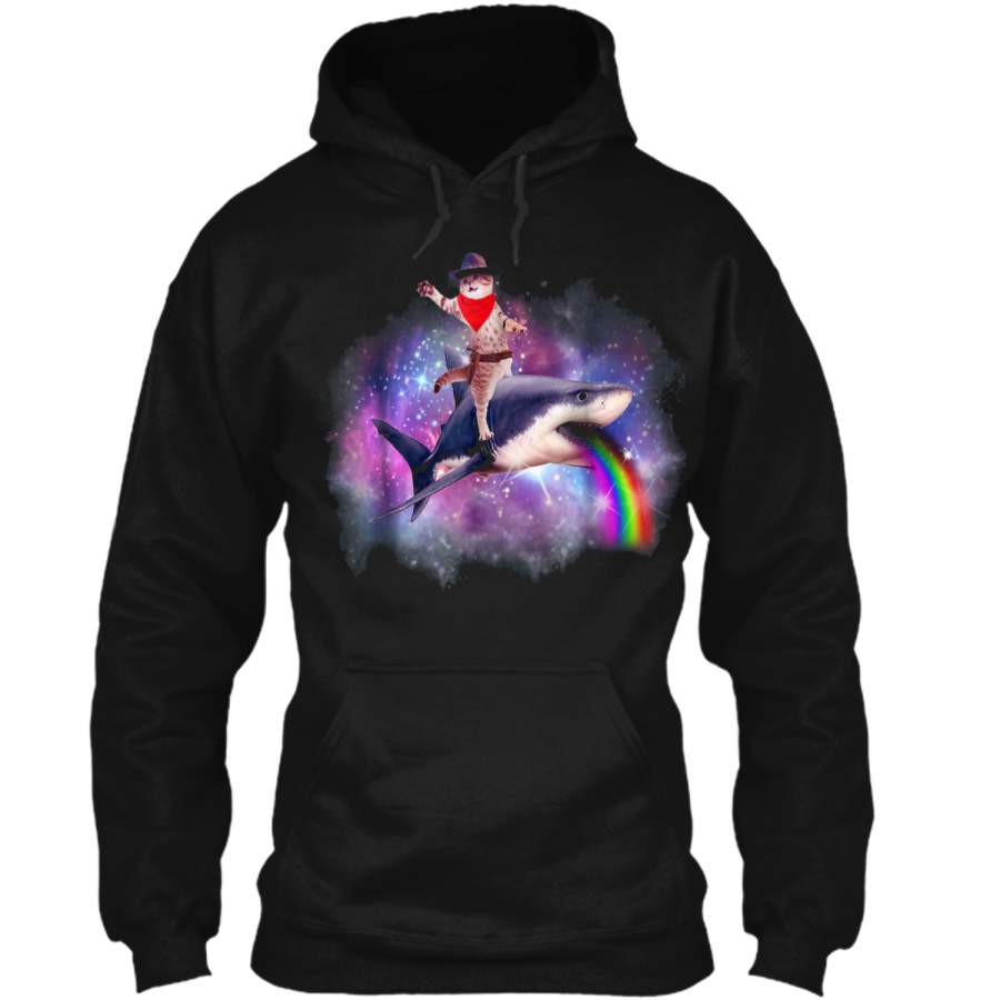 Cat Riding Shark  Space Galaxy Tee Pullover Hoodie 8 oz