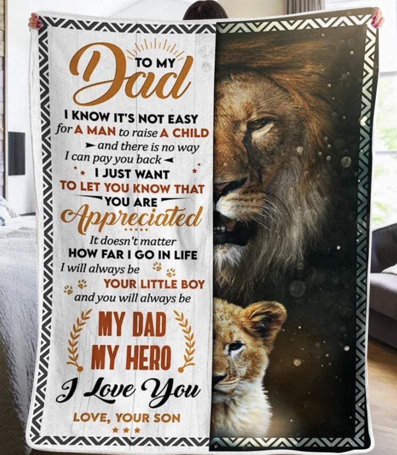 To My Dad My Dad My Hero I Love You, Lion Fleece Blanket Gift For Father Family Birthday Home Decor Bedding Couch Sofa Soft And Comfy Cozy