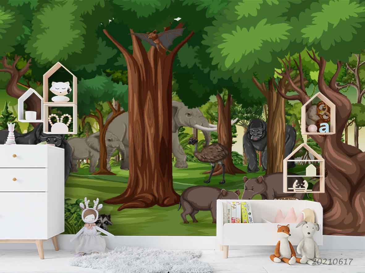 3D Cartoon Green Forest Animal Wall Mural Wallpaper Lqh 37