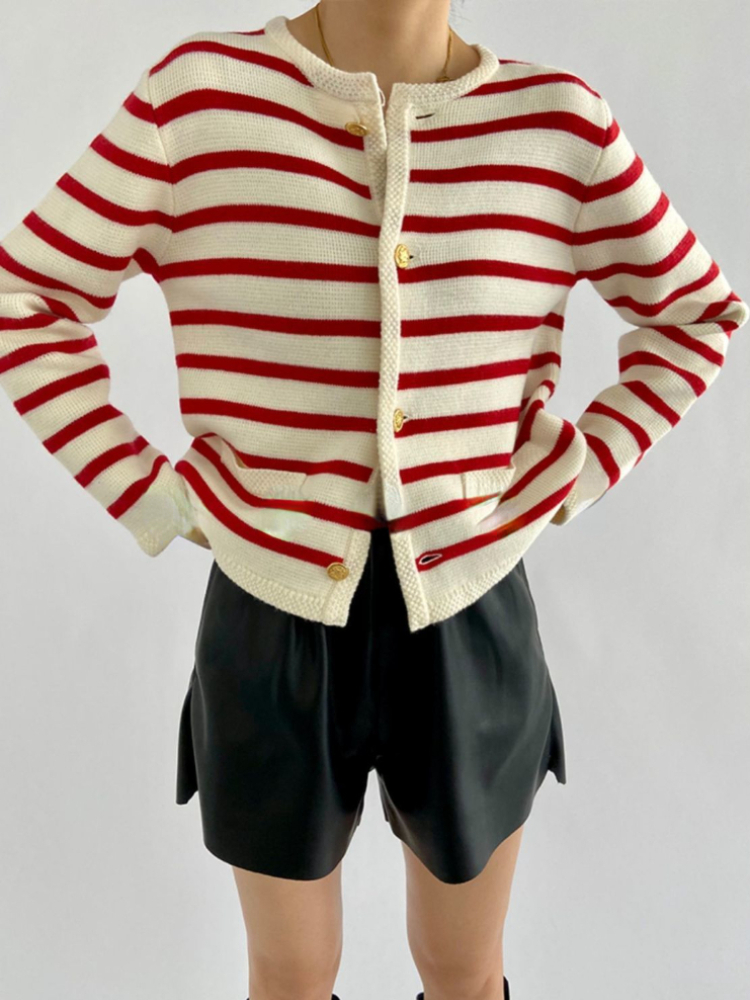 Cropped Cardigan Loose Slim Fashion Retro Striped Knitted Cardigan Jacket Buttons O-Neck Long Sleeve Casual Basic Korean Sweater alx