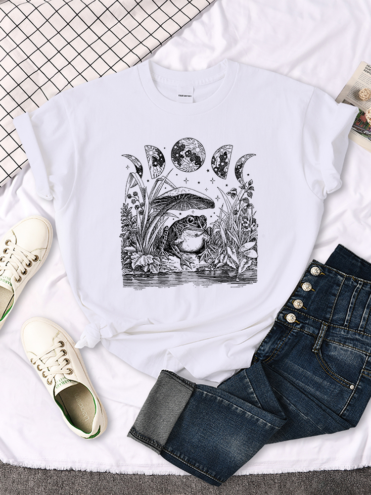 Cute Cottagecore Aesthetic Frog Mushroom Moon Witchy T Shirt Women Street Tshirts O-Neck Casual Short Sleeve Hip Hop Tee Clothes alx