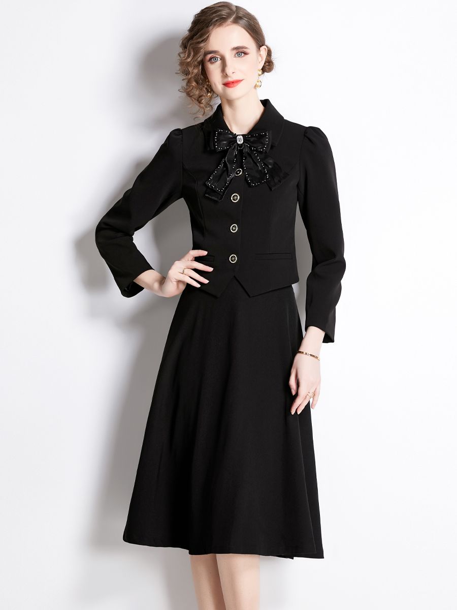 Autumn Winter French Black Two Piece Set Women Elegant Beading Bow Tie Single Breasted Jacket Crop Top + A Line Midi Skirt Suit alx