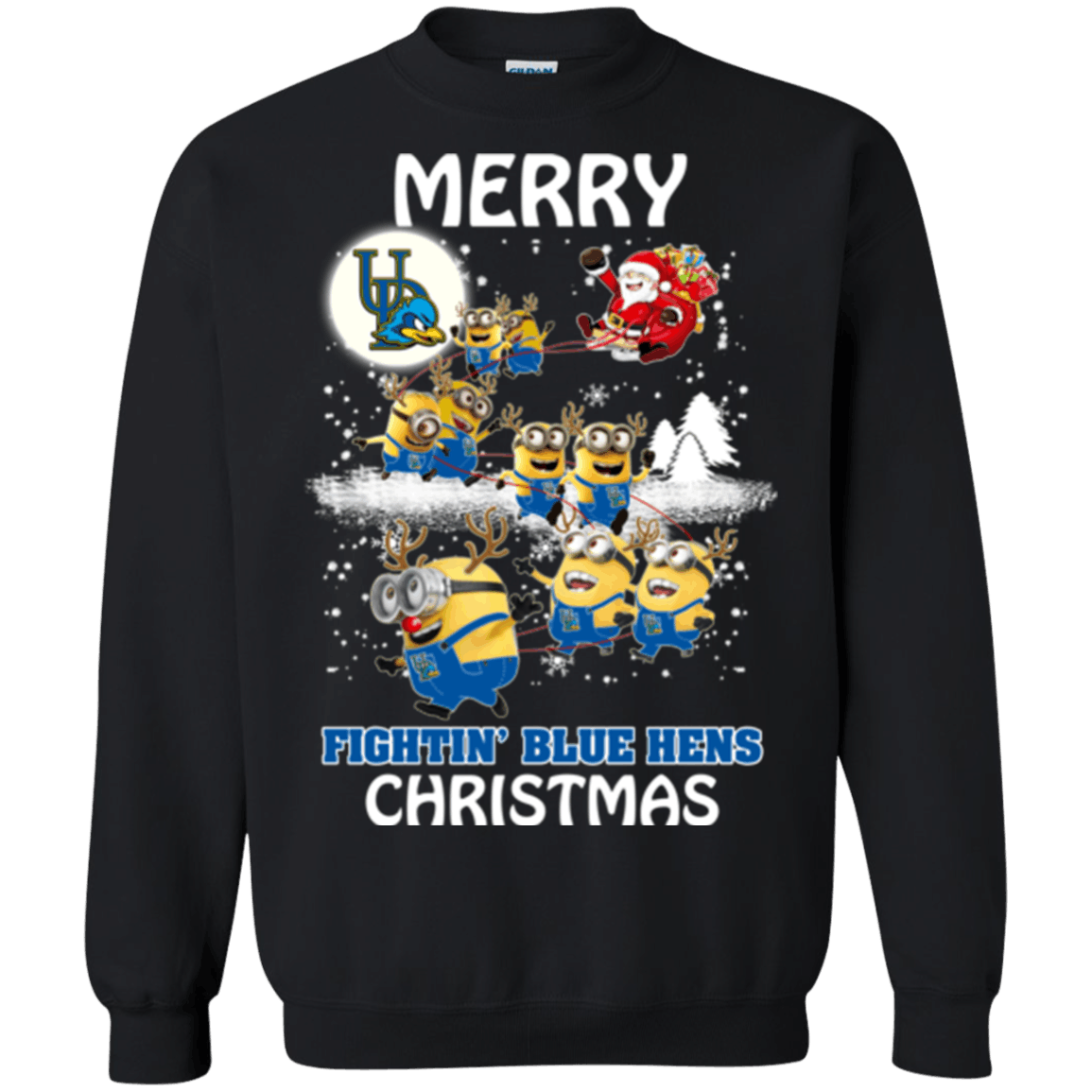 Perfect Delaware Fightin Blue Hens Minion Ugly Christmas Sweaters Santa Claus With Sleigh Hoodies Sweatshirts