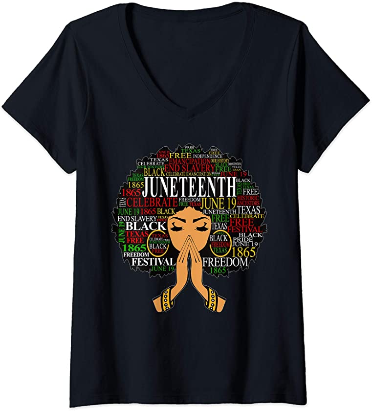 Womens Juneteenth Melanin Black Women Natural Hair Afro Word Art V-Neck T-Shirt