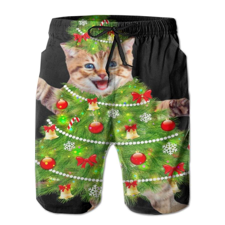 2 Pack Christmas Tree Kitten Poster Men Swim Trunks Drawstring Elastic Waist Quick Dry Beach Shorts with Mesh Lining Swimwear Bathing Suits