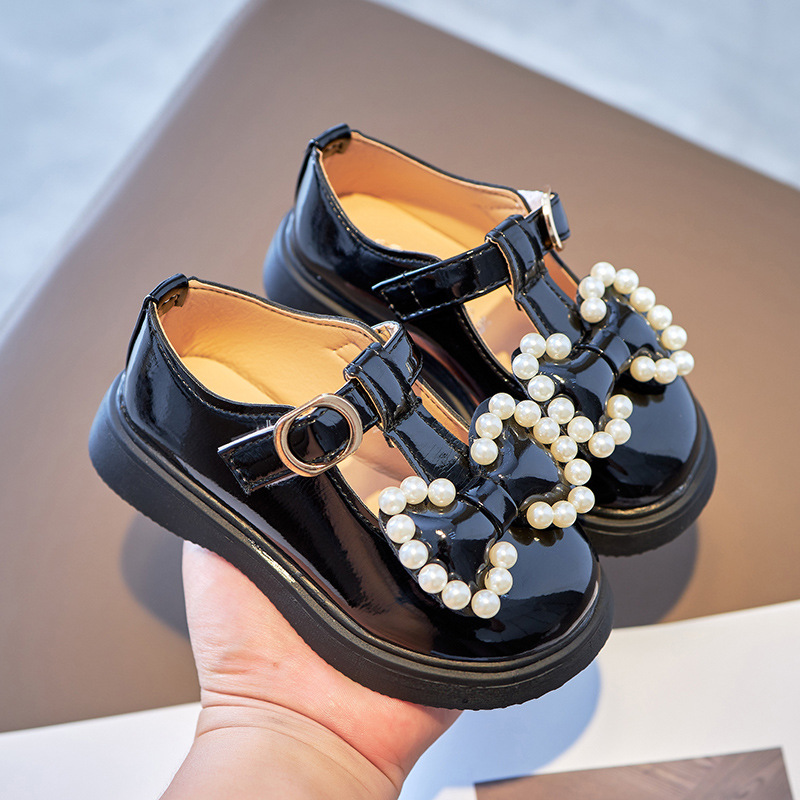 Spring Autumn Girls Leather Shoes with Bow-knot Pearls Beading Princess Sweet Cute Soft Comfortable Children Flats Kids Shoes alx