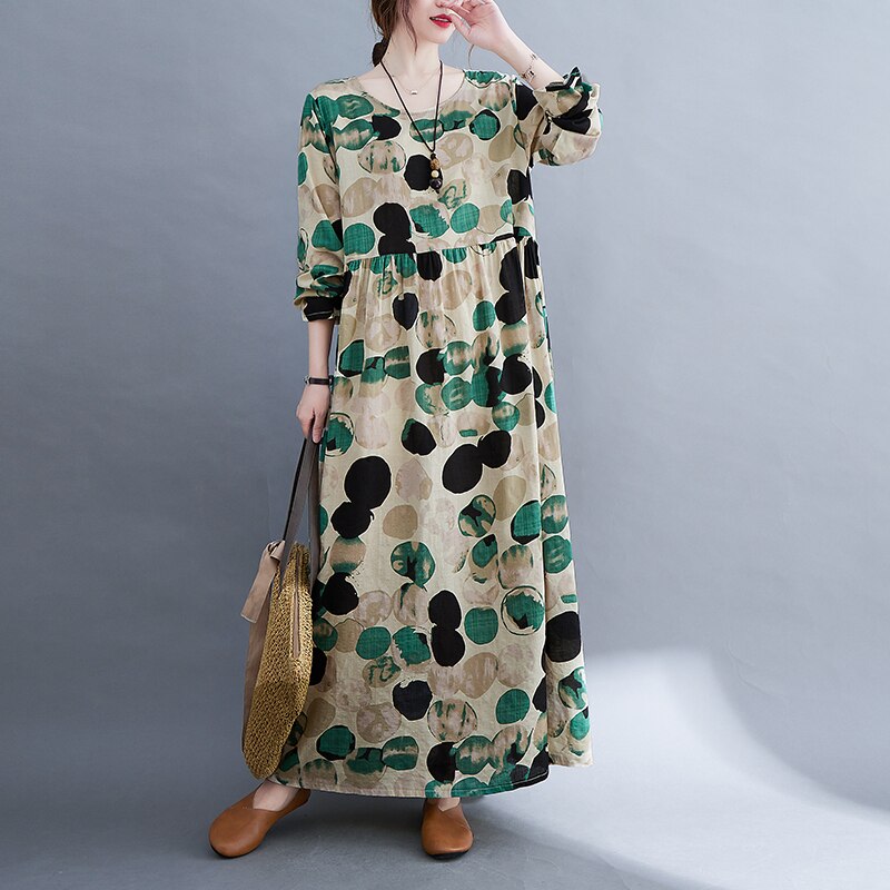 2022 New Fashion Spring Dress Cotton Linen Print Floral Office Lady Work Dress Plus Size Loose Women Autumn Long Maxi Dress alx