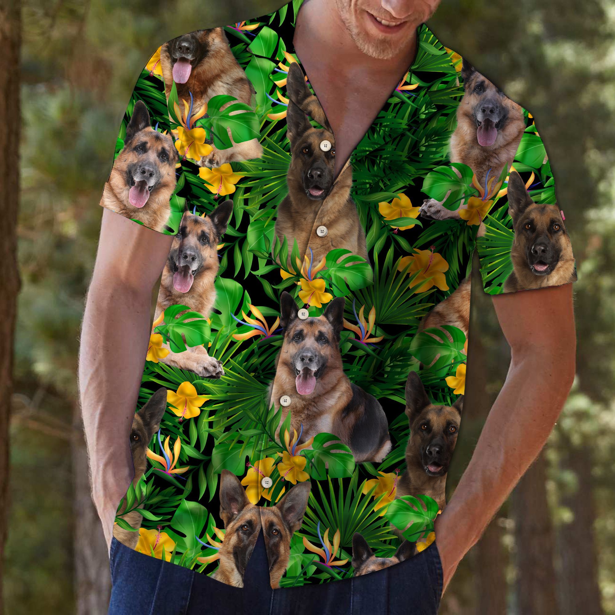 German Shepherd Tropical Wild Flower Hawaiian Shirt For Men, Hawaiian Shirt For Women, Aloha Shirt, Hawaii Shirt