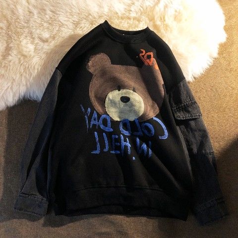 Spring Vintage Bear Print Oversized Hoodies Women Cute Denim Patchwork Stripe Thin Sweatshirt Harajuku Tops Long Sleeve For Girl alx