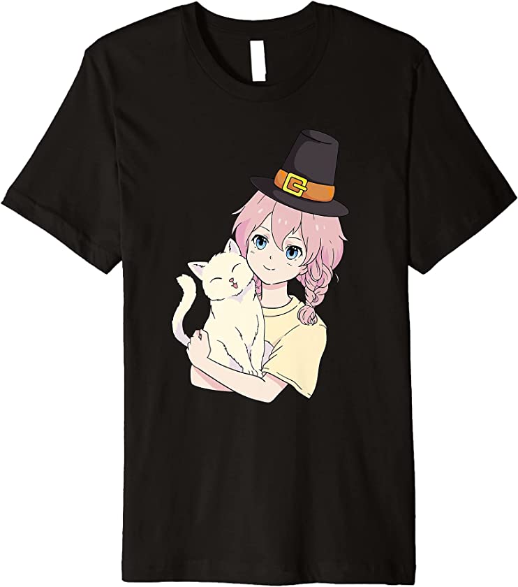 Anime Girl Cat Lover Thanksgiving Day Kawaii Kitten Otaku Premium T-Shirt