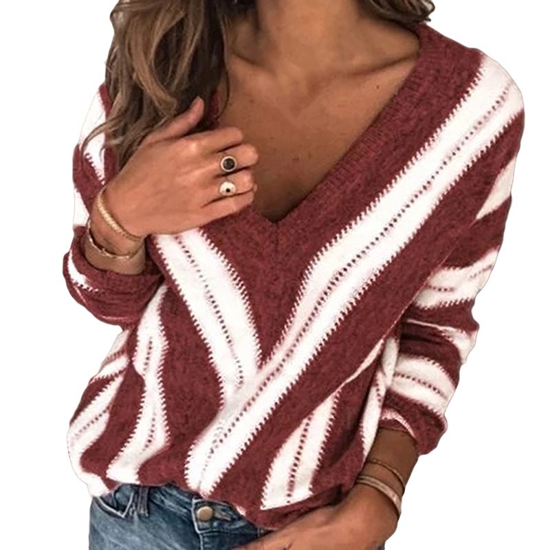 Womens Fashion Long Sleeve V Neck Striped Knitting Casual Tunic Blouse Sweater Suéter Свитер Trui Женские Свитера 2021 alx